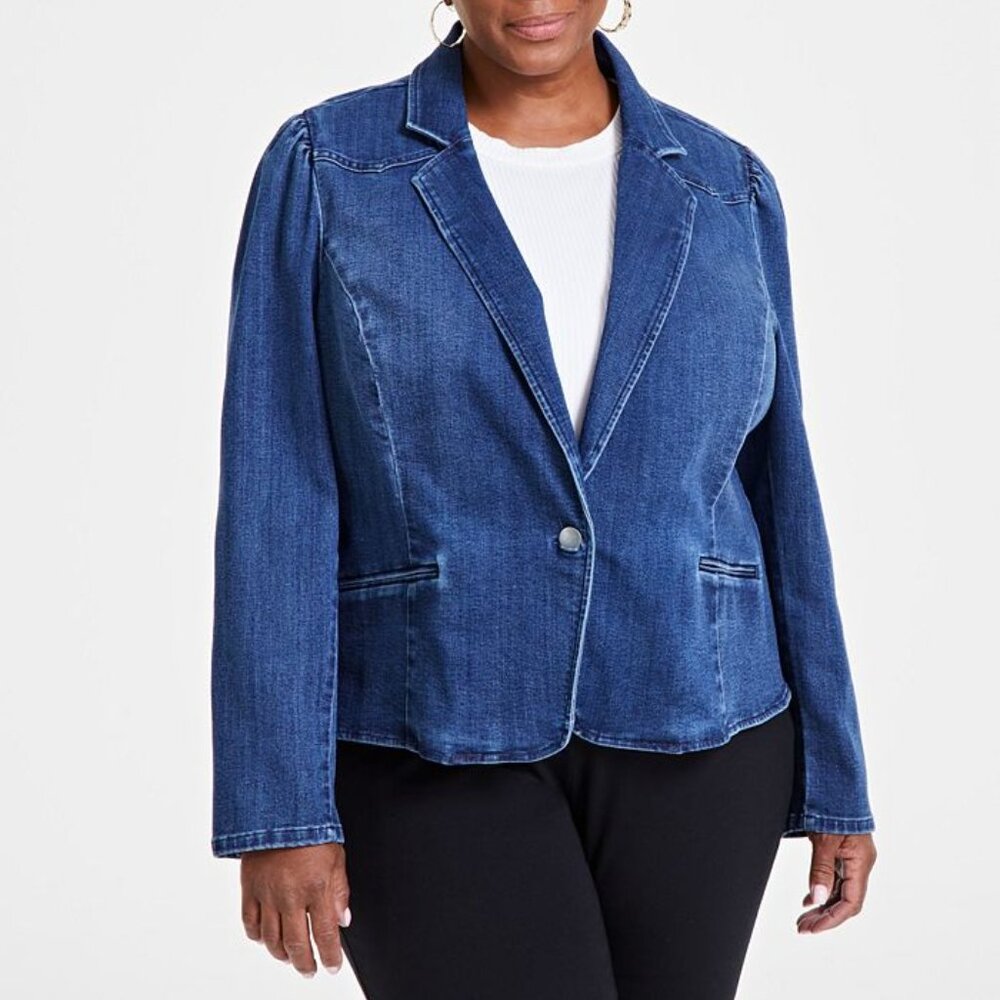 NEW Plus Size INC Blue Puff Sleeve Stretch Denim Blazer Jacket 3X
